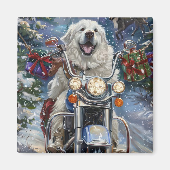 Great Pyrenees Dog Riding Motorcycle Christmas Magnet (Front)