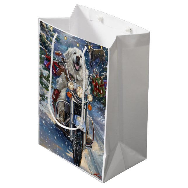 Great Pyrenees Dog Riding Motorcycle Christmas Medium Gift Bag (Front Angled)