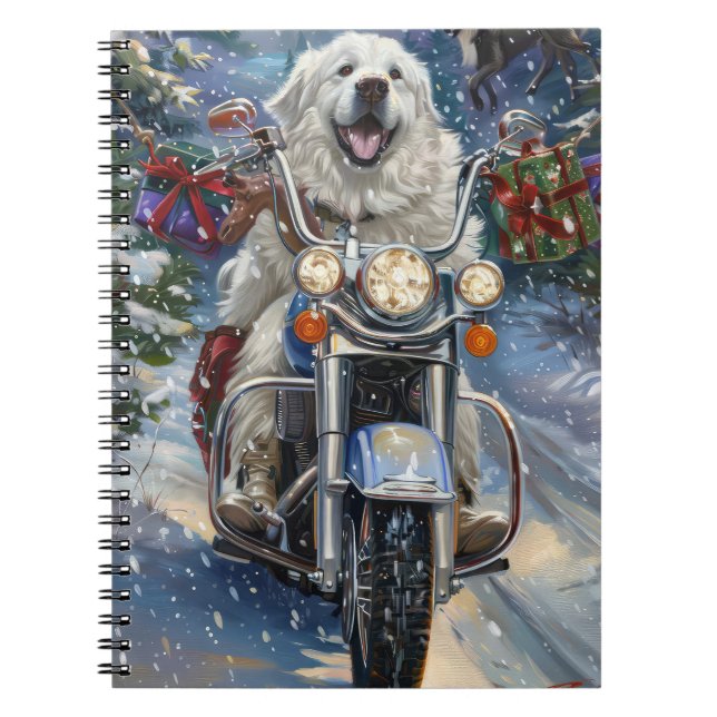 Great Pyrenees Dog Riding Motorcycle Christmas Notebook (Front)