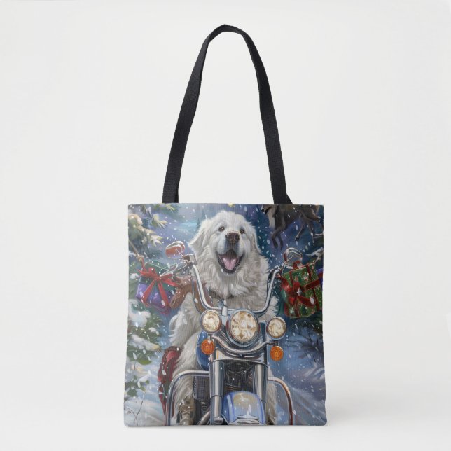 Great Pyrenees Dog Riding Motorcycle Christmas Tote Bag (Front)