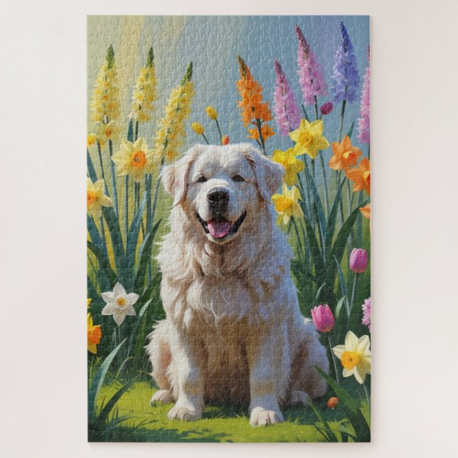 Great Pyrenees Dog Spring Flowers Painting Jigsaw Puzzle (Vertical)