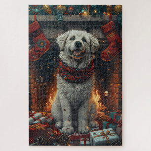 Great Pyrenees Dog With Christmas Gifts Fireplace Jigsaw Puzzle