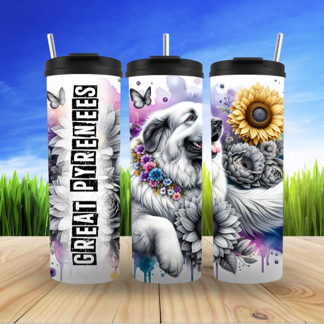 Great Pyrenees Floral Adornment Thermal Tumbler (Creator Uploaded)