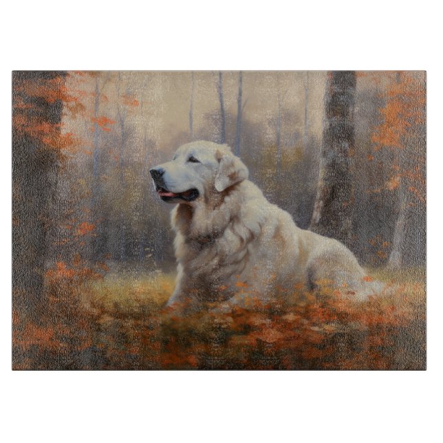 Great Pyrenees in Autumn Leaves Fall Inspire  Cutting Board (Front)