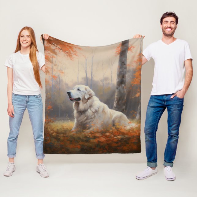 Great Pyrenees in Autumn Leaves Fall Inspire  Fleece Blanket (In Situ)