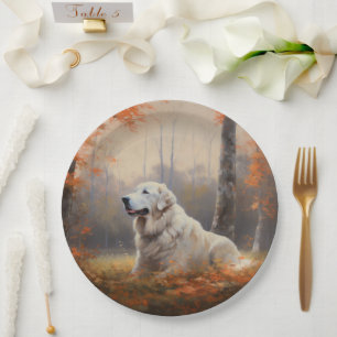 Great Pyrenees in Autumn Leaves Fall Inspire Paper Plate