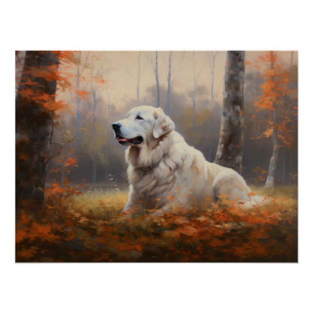 Great Pyrenees in Autumn Leaves Fall Inspire  Poster (Front)