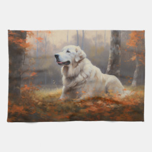 Great Pyrenees in Autumn Leaves Fall Inspire Tea Towel
