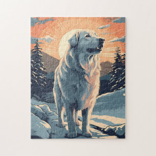 Great pyrenees in the snowy forest during sunset jigsaw puzzle