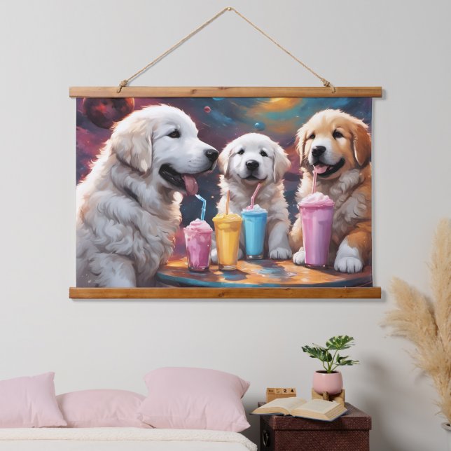 Great Pyrenees Mum and Puppies with Milkshakes Hanging Tapestry (Bedroom)