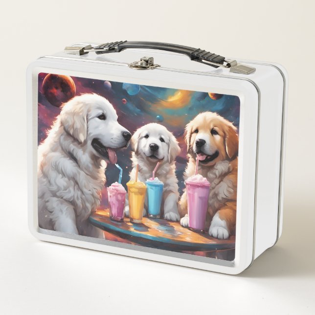 Great Pyrenees Mum and Puppies with Milkshakes Metal Lunch Box (Front)