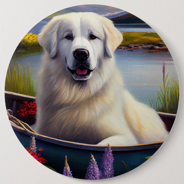 Great Pyrenees on a Paddle: A Scenic Adventure 6 Cm Round Badge (Front)