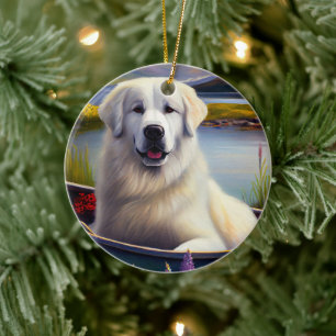 Great Pyrenees on a Paddle: A Scenic Adventure Ceramic Tree Decoration