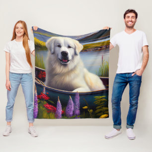 Great Pyrenees on a Paddle: A Scenic Adventure Fleece Blanket
