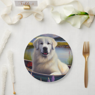 Great Pyrenees on a Paddle: A Scenic Adventure Paper Plate