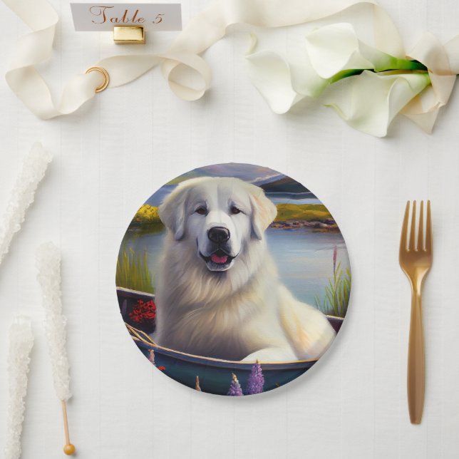 Great Pyrenees on a Paddle: A Scenic Adventure Paper Plate (Wedding)