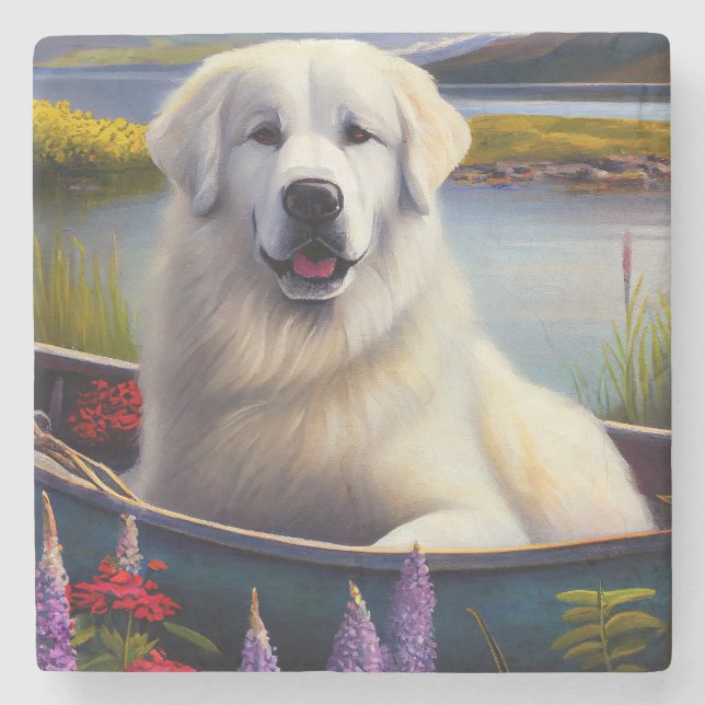 Great Pyrenees on a Paddle: A Scenic Adventure Stone Coaster (Front)