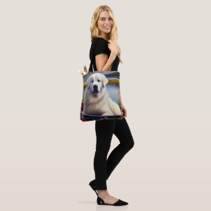 Great Pyrenees on a Paddle: A Scenic Adventure Tote Bag