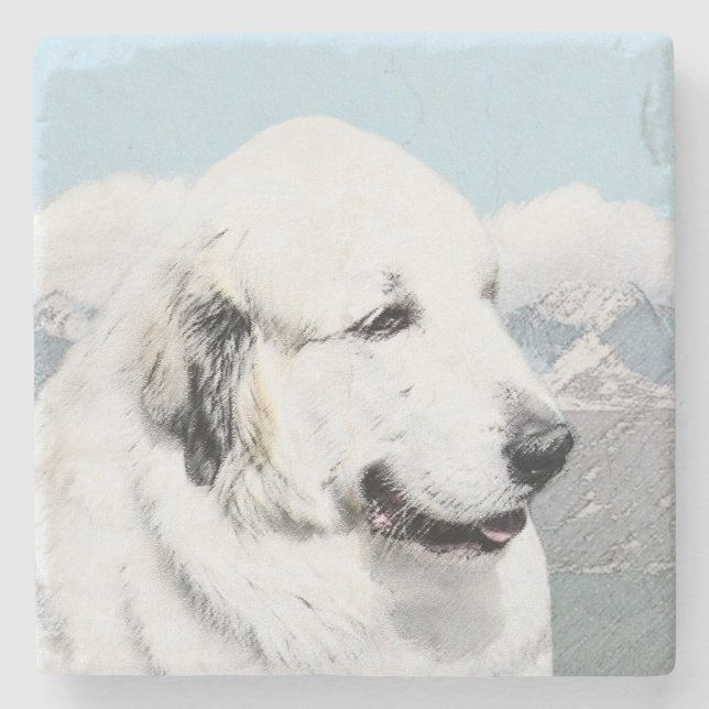 Great Pyrenees Painting - Original Dog Art Stone Coaster (Front)