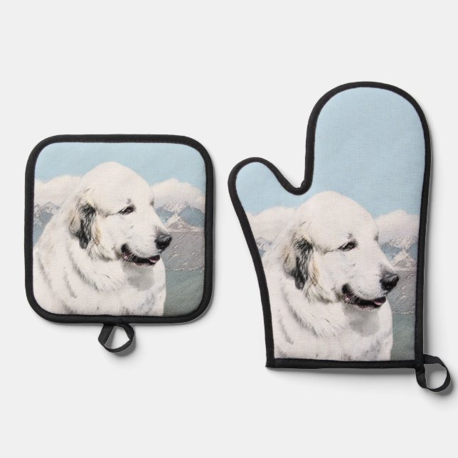 Great Pyrenees Painting White Original Pet Dog Art Oven Mitt & Pot Holder Set (Front)