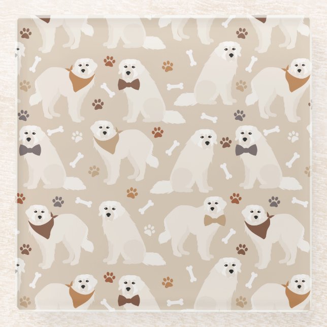 Great Pyrenees Paws and Bones Glass Coaster (Front)