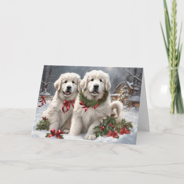 Great Pyrenees Puppies 1 Winter Scene Card (Front)