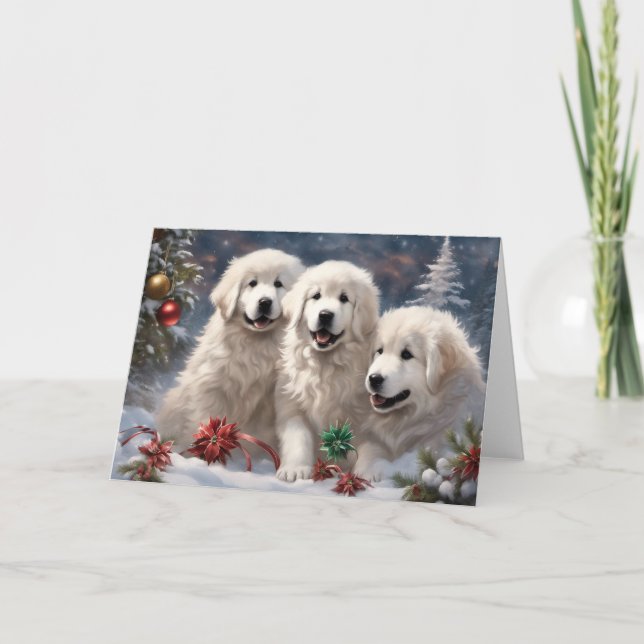 Great Pyrenees Puppies 3 Winter Xmas Scene Card (Front)
