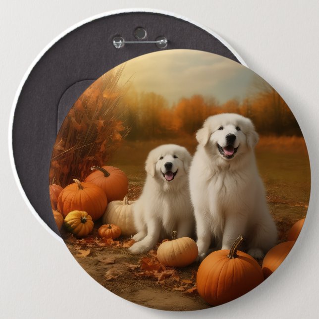 Great Pyrenees Puppy Autumn Delight Pumpkin  6 Cm Round Badge (Front & Back)