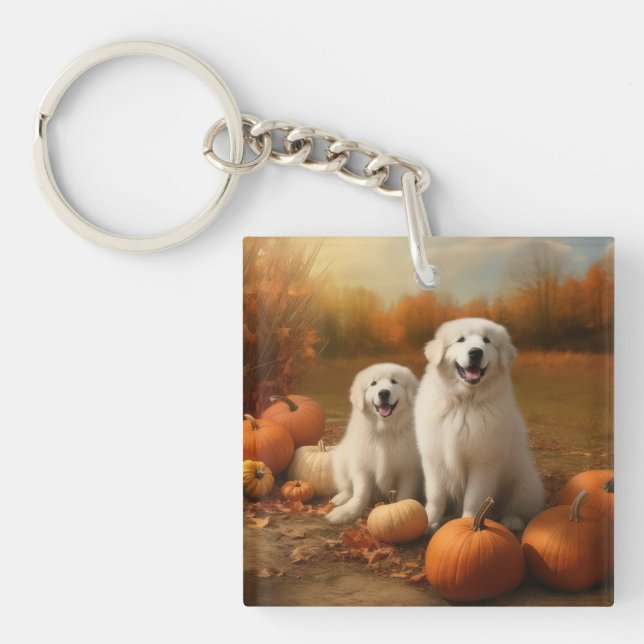 Great Pyrenees Puppy Autumn Delight Pumpkin  Key Ring (Front)
