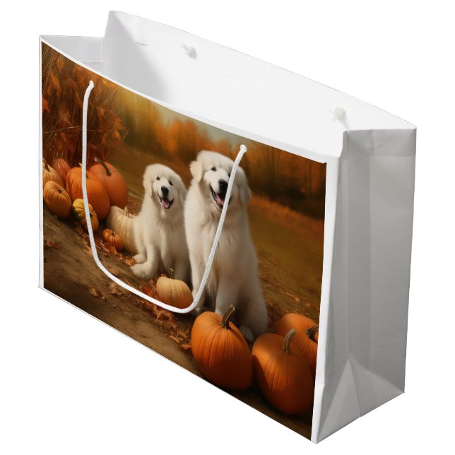 Great Pyrenees Puppy Autumn Delight Pumpkin  Large Gift Bag (Front Angled)