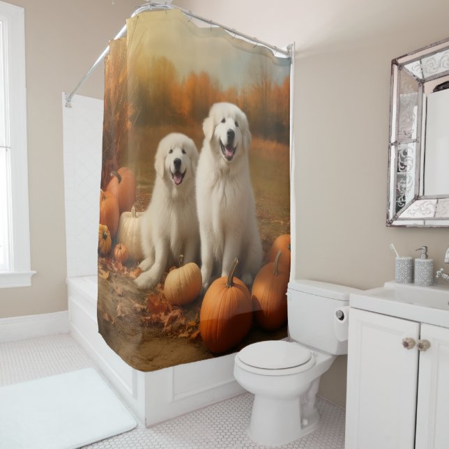 Great Pyrenees Puppy Autumn Delight Pumpkin  Shower Curtain (In Situ)