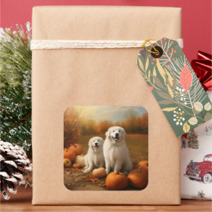 Great Pyrenees Puppy Autumn Delight Pumpkin  Square Sticker