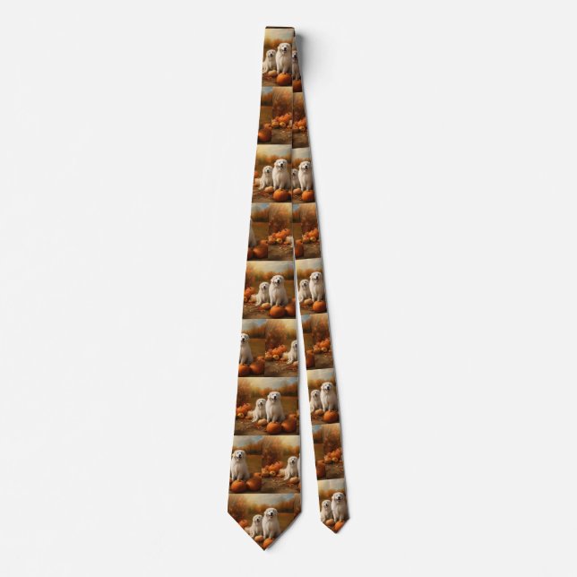 Great Pyrenees Puppy Autumn Delight Pumpkin  Tie (Front)