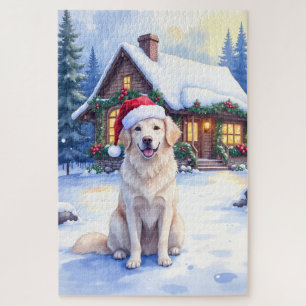 Great Pyrenees Snowy Mountain Lodge Santa Hat Jigsaw Puzzle