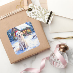 Great Pyrenees Snowy Mountain Lodge Santa Hat Square Sticker