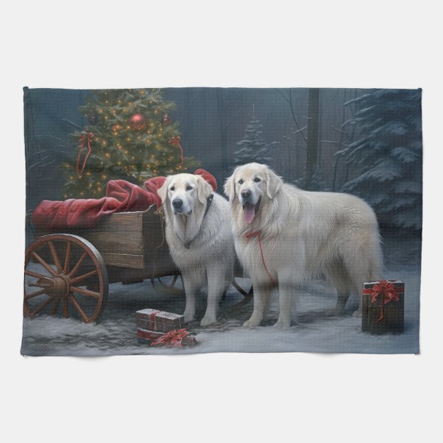 Great Pyrenees Snowy Sleigh Christmas Decor Tea Towel (Horizontal)