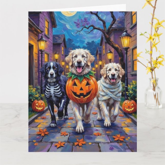Great Pyrenees Trick-or-Treating Halloween Costume Card (Yellow Flower)