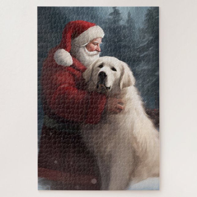 Great Pyrenees With Santa Claus Festive Christmas Jigsaw Puzzle (Vertical)