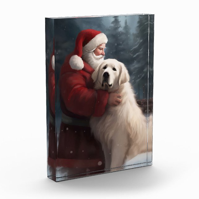 Great Pyrenees With Santa Claus Festive Christmas Photo Block (Left)