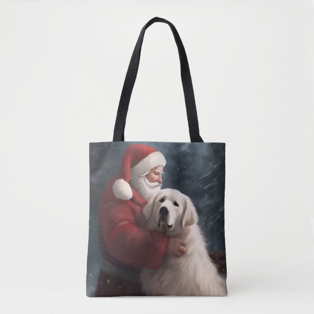 Great Pyrenees With Santa Claus Festive Christmas Tote Bag (Front)