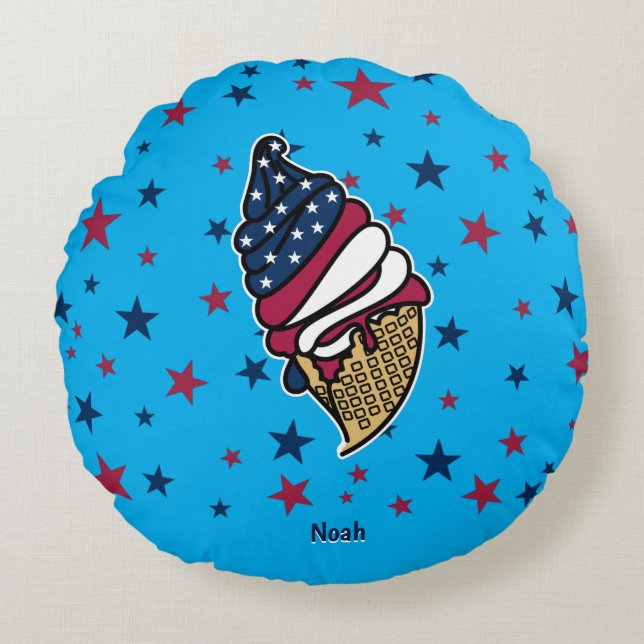 Great Red White Blue Ice Cream Cone Round Cushion (Front)