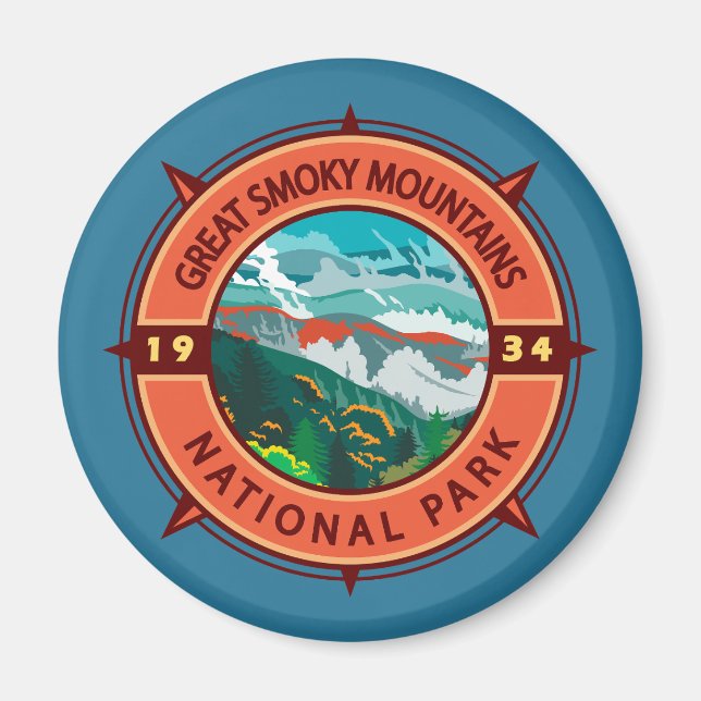 Great Smoky Mountains National Park Retro Compass Magnet (Front)