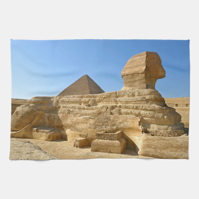 Great Sphinx of Giza with Khafre pyramid - Egypt Tea Towel (Horizontal)