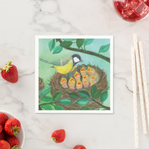 Great Tit and Baby Birds in Spring Illustration Napkin
