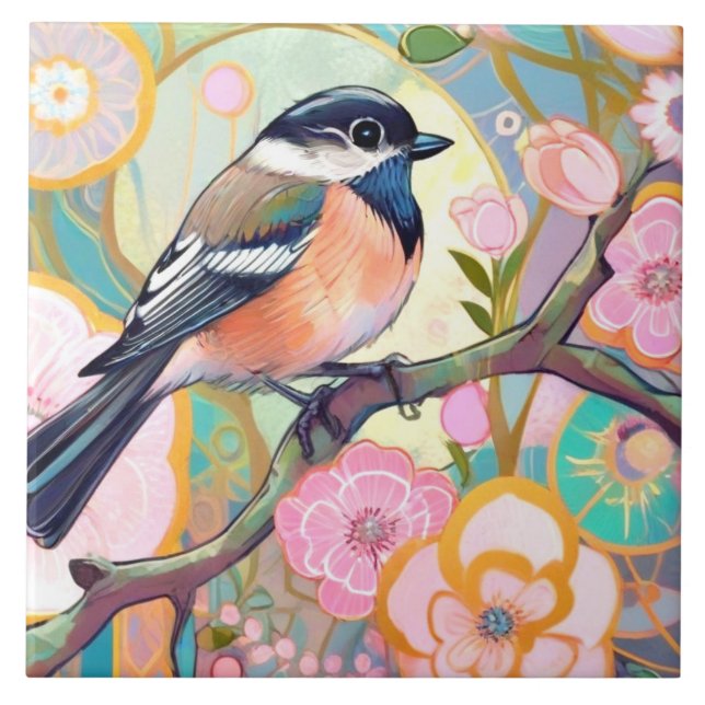 Great Tit Bird Chickadee Pink Flower Floral Tile (Front)