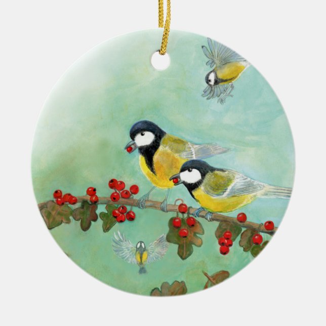 Great Tit Birds & Hawthorn Red Berries Ceramic Tree Decoration (Front)