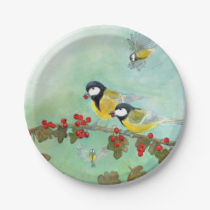 Great Tit Birds & Hawthorn Red Berries Paper Plate