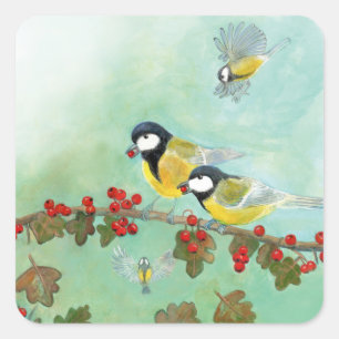 Great Tit Birds & Hawthorn Red Berries   Square Sticker