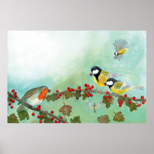 Great Tit Birds, Red Robin & Hawthorn Berries   Poster