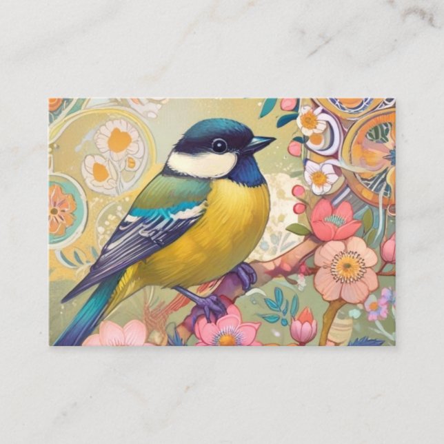 Great Tit Chickadee Bird Colourful Floral Flowers Business Card (Front)